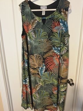 Catherines Tropical Palm Print Sleeveless Dress - Black with Green & Coral
